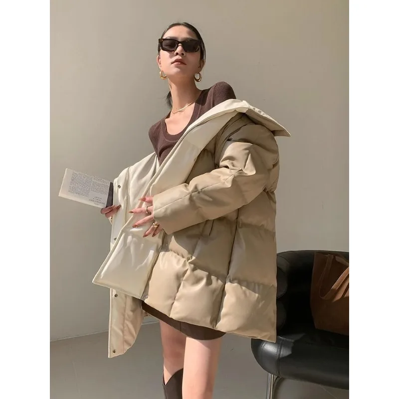 Khaki Large Lapel PU Leather Women's Winter Loose Leave-in Bread Clothes Medium and Long Jackets Exquisite Cotton-padded Clothes