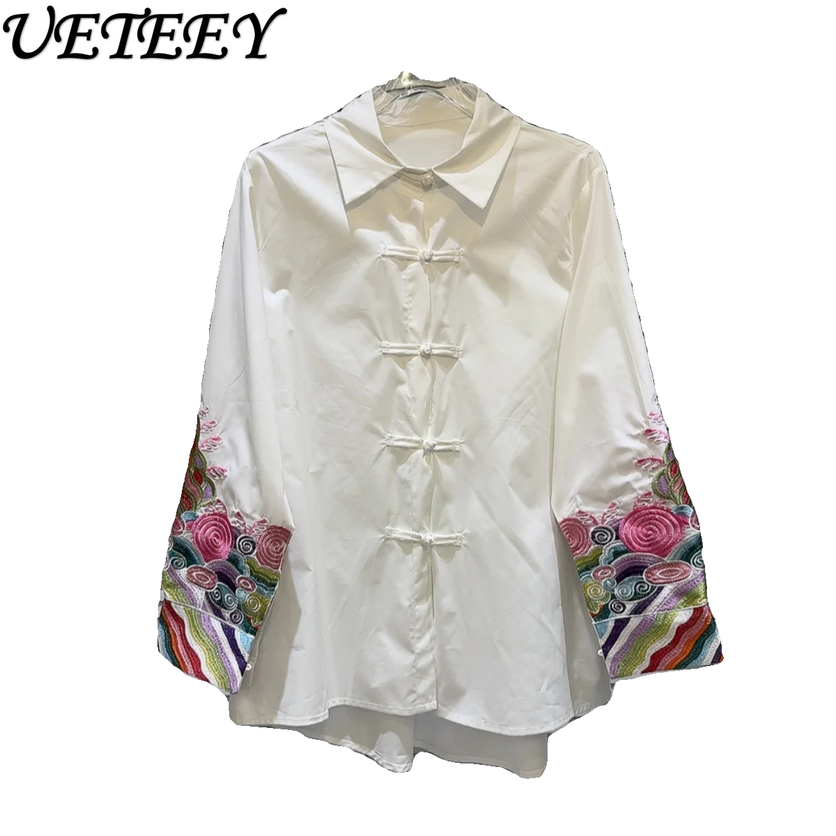 2024 Spring New Chinese Style Cuff Color Embroidery Pattern Buckle Design Shirt White All-matching Tops Camisas for Women