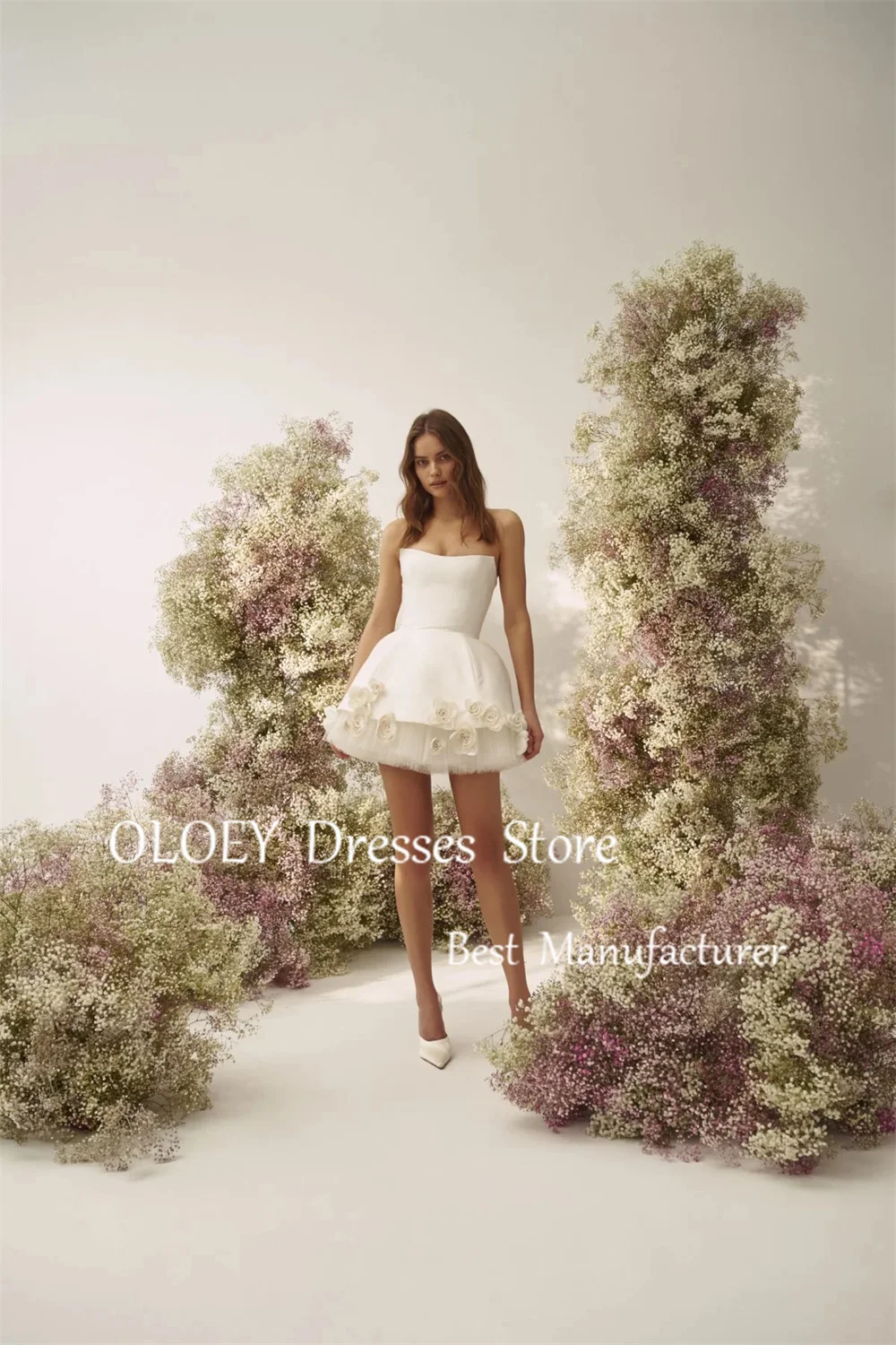 OLOEY-minivestido de novia sin tirantes con flores 3d, vestido de novia corto sin mangas, plisado hinchado, tul satinado, baile de graduación, cóctel, marfil