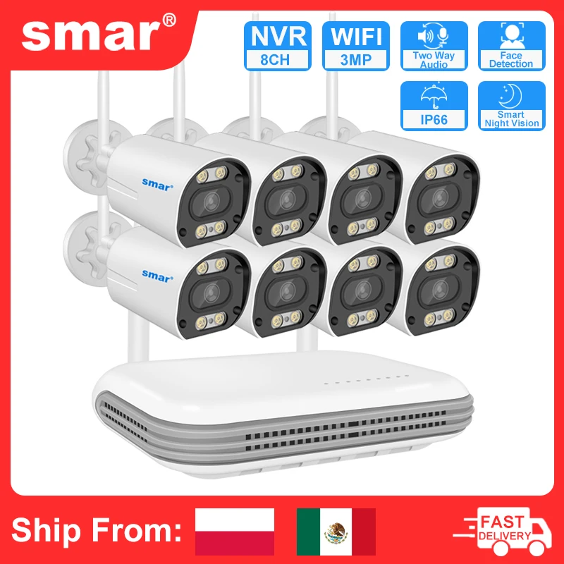 

Smar H.265 3/5MP Camera kit Wireless CCTV System Wifi Camera Kit Security Audio AI Face Detect IP 8CH NVR Video Surveillance