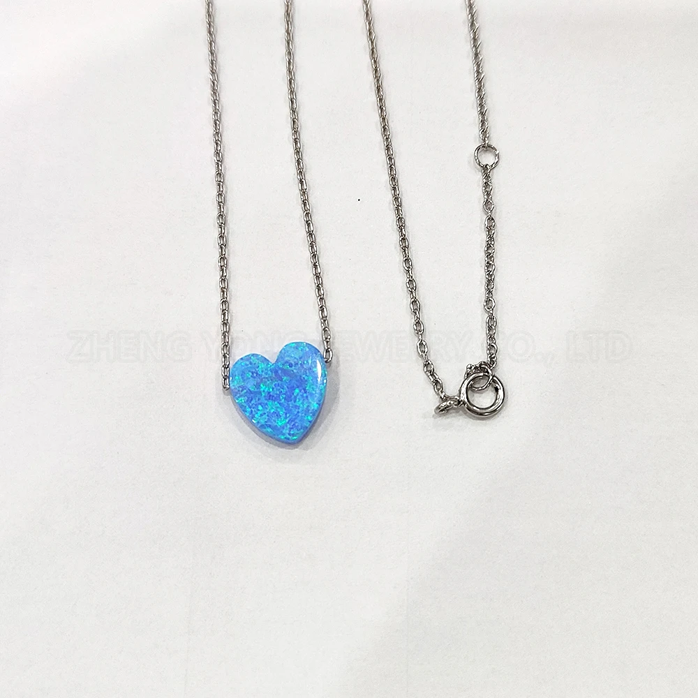 

10mm White Blue Pink Heart Chain Opal 925 Sterling Silver Necklace