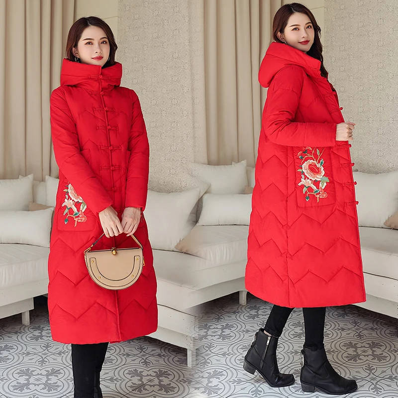 

Winter Cotton Jaet Women's Mid-Length down Filled Coat Warm Thiened Zipper Closure Hooded Korean Sle Long Sve Coat