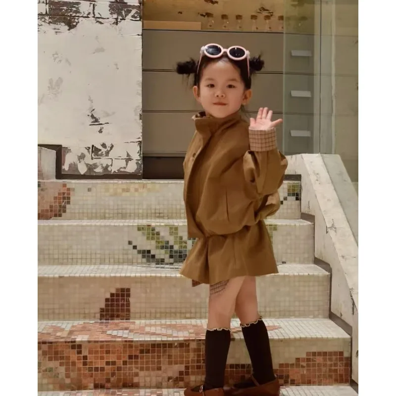 Children's Set Checkered Splicing Temperament Jacket with Half Skirt Heavy Industry 2025 Spring and Autumn Clothing