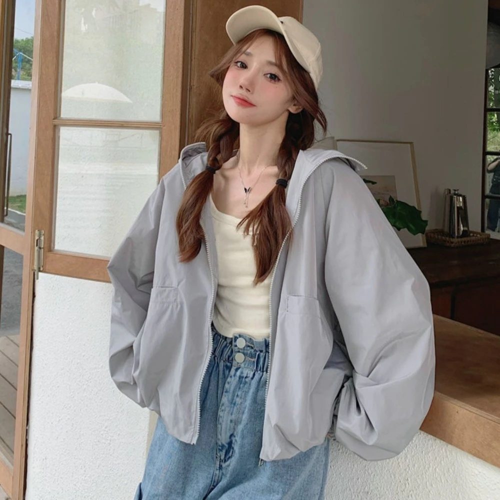 All-match Loose Sunscreen Coat Women Solid Color Windproof Sun-Protective Tops Clothing Out Wear Hooded Jacket Outdoor