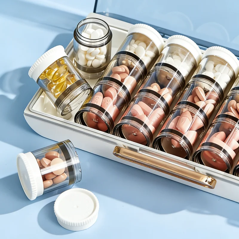 

Портативный вращающийся органайзер для таблеток с независимыми мини-флаконами, герметичный и влагонепроницаемый дорожный контейнер для лекарств, с надежной герметизацией на неделю