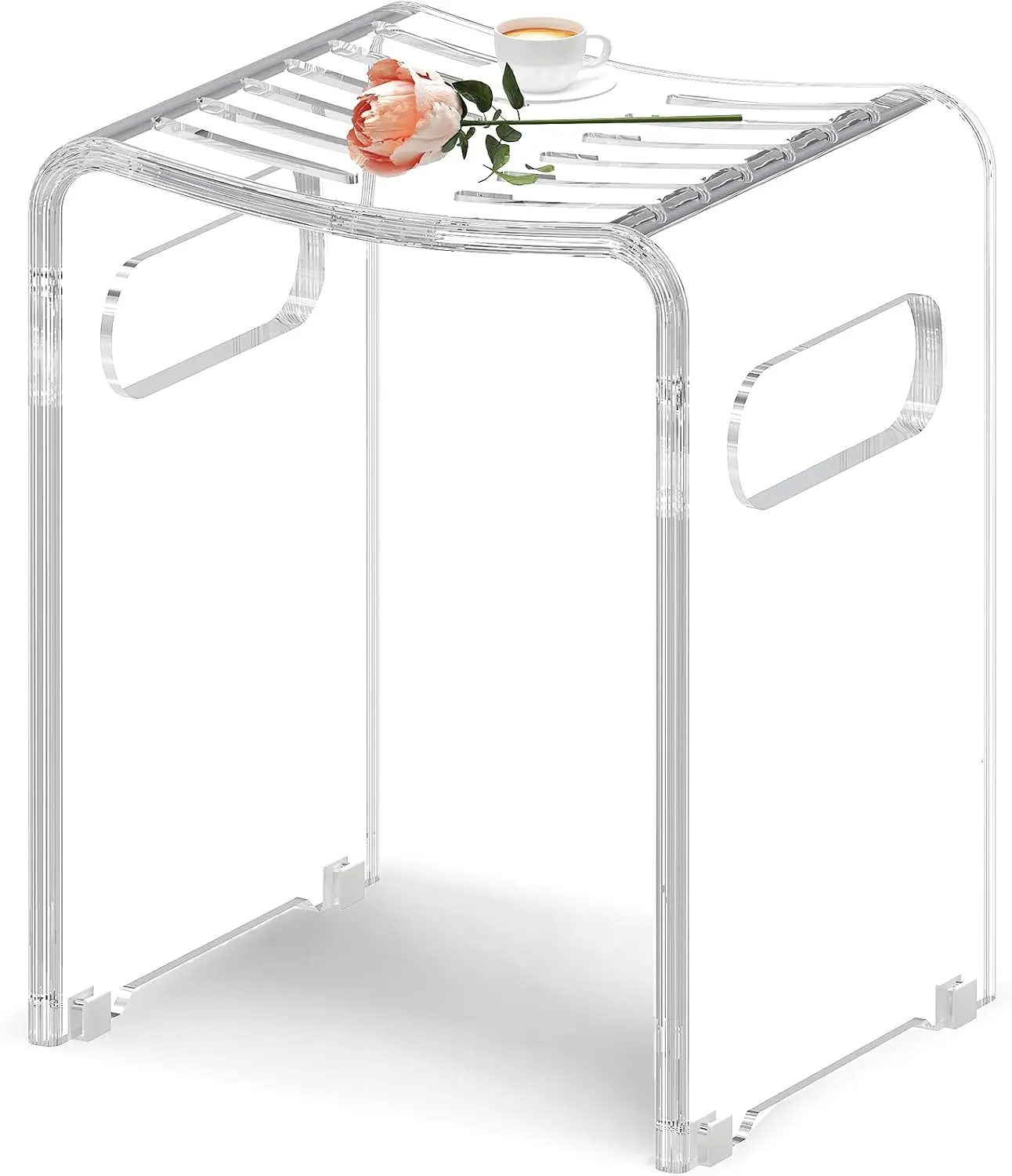 Modern Acrylic Shower Bench, Clear Stool with Anti-Skip Silicone Buckles and 12 Pcs Water Leaking Hole 350 LBS Weight Capacity