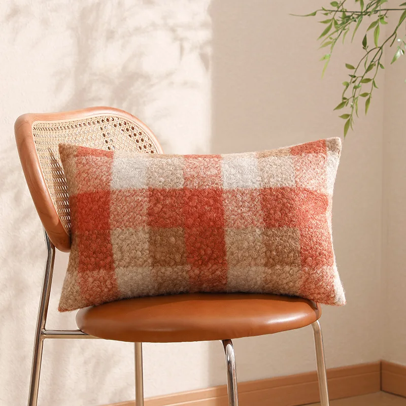 Xuai Warm Orange Brown Plaid Gradient Beach Wool Pillow Cushion Cushion Living Room Pillow Cover