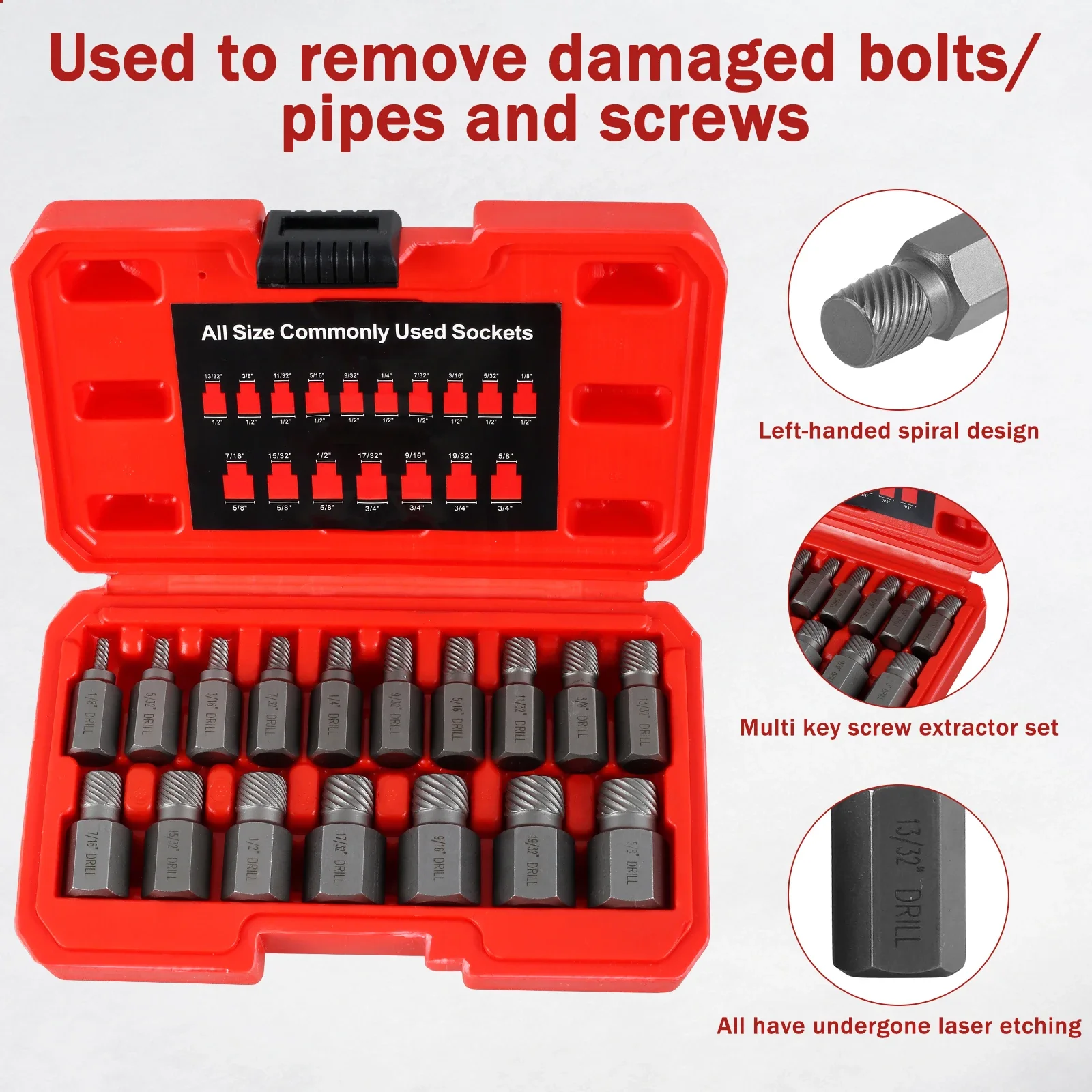 

17Pcs Screw Extractor Set Hex Head Easy Out Bolt Extractor Set Spiral Broken Screw Remover Kit for Broken Nuts Bolts Studs