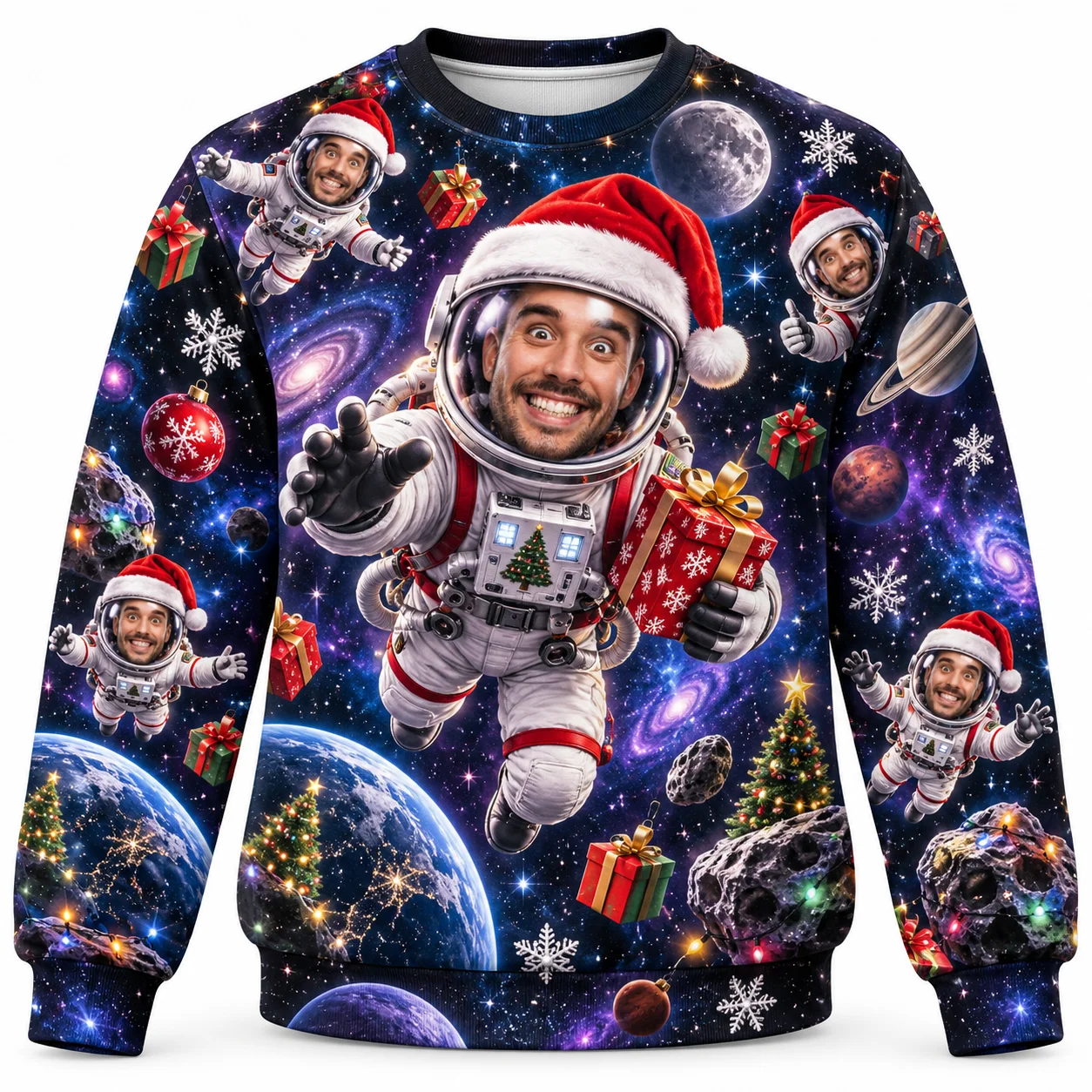 Your Face Santa Hat Crewneck Sweaters Space Elf Candy and Pixel Designs Ugly Christmas Sweater Custom Photo Holiday Wear