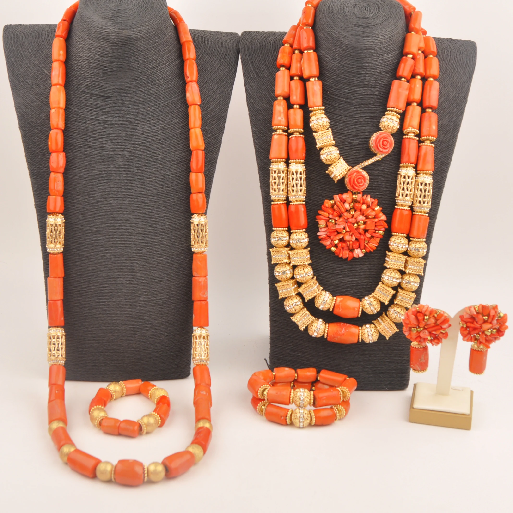 

Nigerian Couple Wedding Set Orange African Coral Beads Jewelry Sets