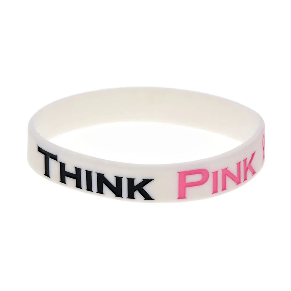 50 Pcs Think Pink Silicone Bracelet Breast Cancer Awareness Wristband Women Rubber Bangle