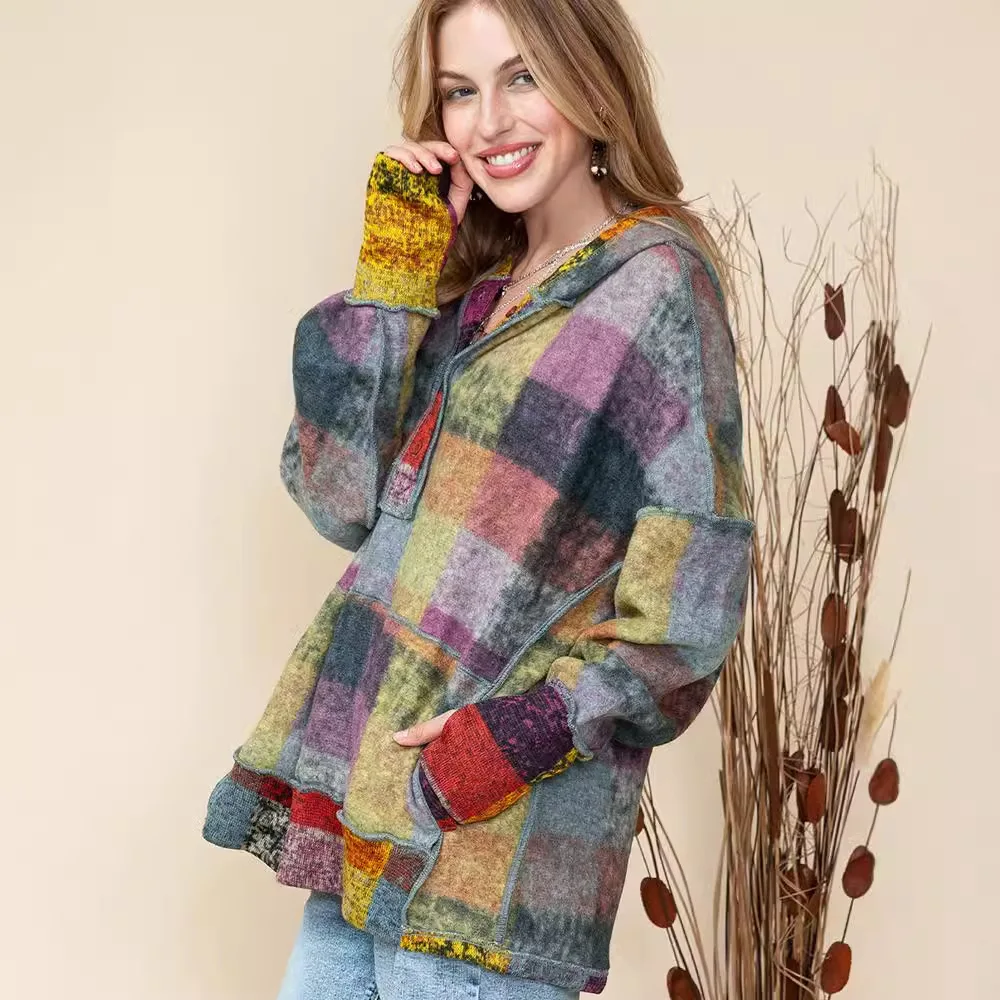 Fashion New Women's Autumn Fleece Warm Hoodies Multi Colored Plaid Loose Casual Sweatshirts Pullover for Women