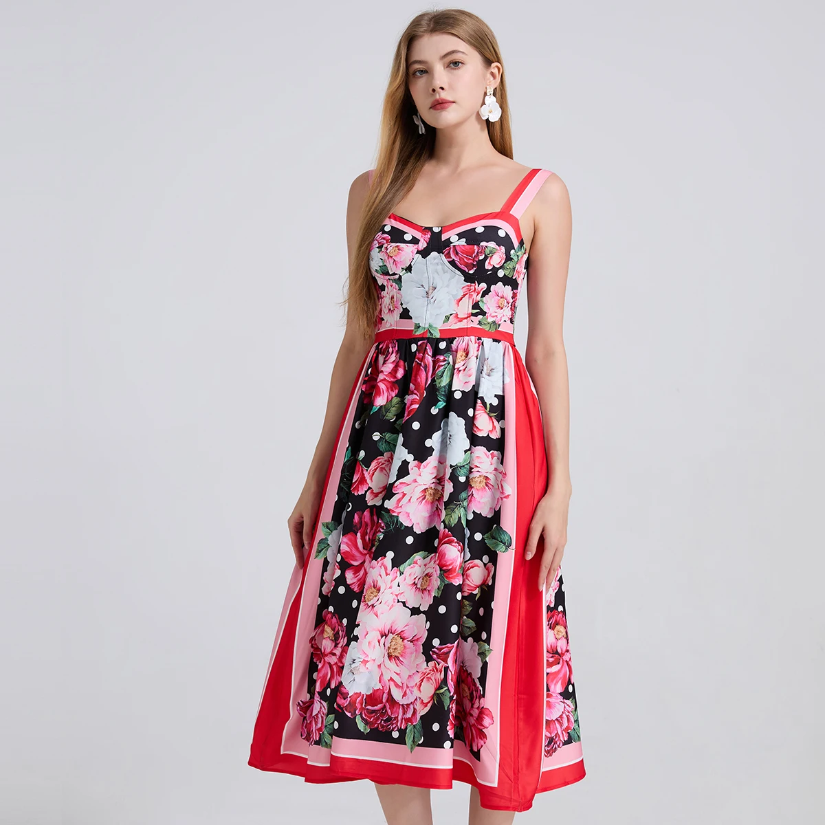 

2025 New Summer Holiday Dot Flower Print Romantic Retro Party Dress Elastic High Waist Vacation Midi Long Robe Beach Vestidos