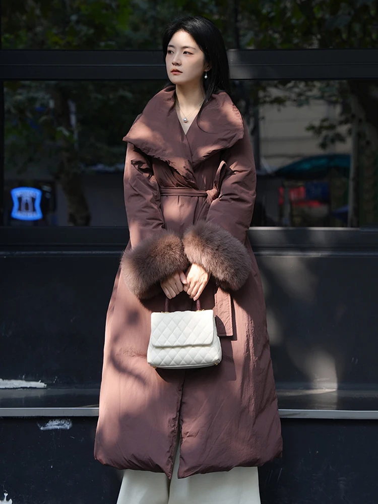 

Зимний шерстяной пуховик с лацканами и длинными рукавами, женский пуховик на белом утином пуху, теплый пуховик на шнуровке, женская верхняя одежда до колена