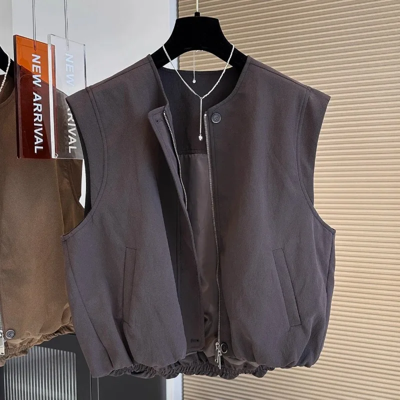 Korean Style Women Early Autumn Vest Round Neck Loose Sleeveless Waistcoat Simple Commuter Outerwear