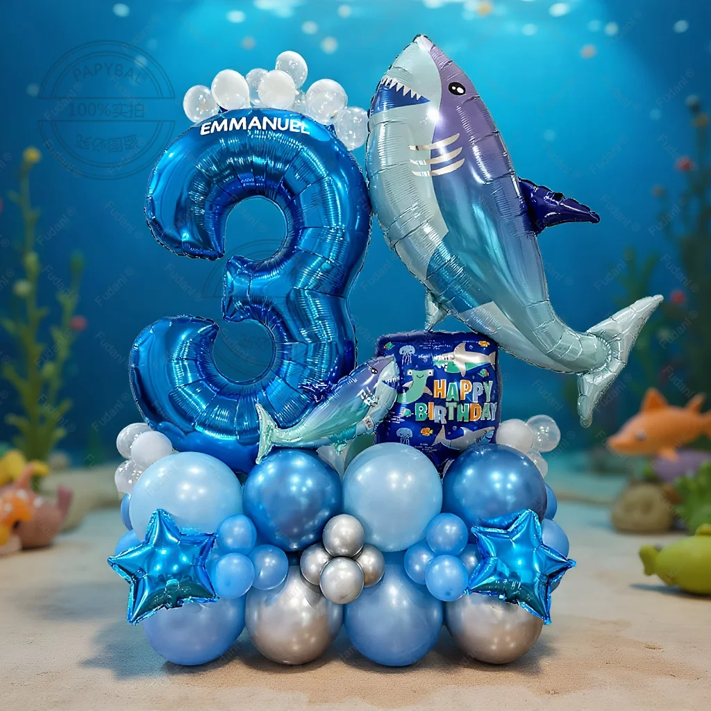 55 Stück Ocean Shark Blue Number Ball Aluminiumfolie Ballon-Set, geeignet für Geburtstagsparty-Dekoration, Babyparty-Zubehör, Geschenke