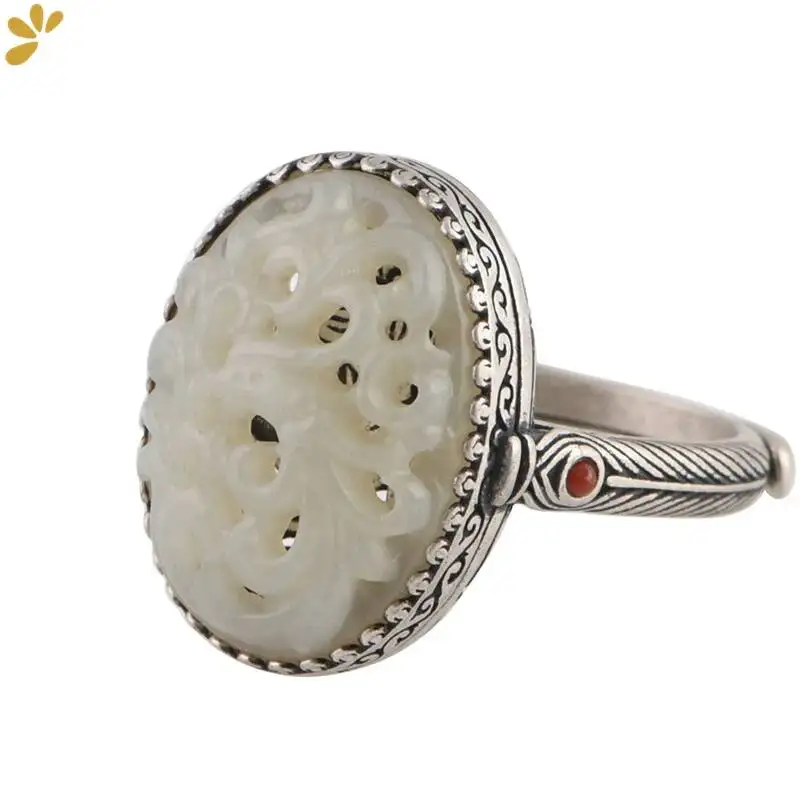GEEZENCA 925 Sterling Silver Carved Jade Sizable Ring For Women Luxury Handmade Unusual Peony Flower Locket Openable Rings Gift