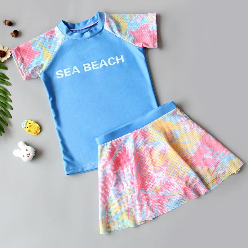 Girls Swimsuit Sets Kids Quick-drying T-Shirt+Skirt 2Pcs Sunscreen Summer Swimwear Suits Short Sleeve Outfits