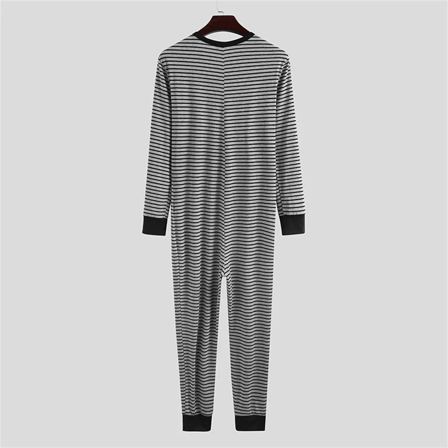 Men\'s Striped Pajamas O-neck Jumpsuit Men Home Clothes Long Sleeve Soft Rompers Male One-piece Nightwear Casual Sleepwear