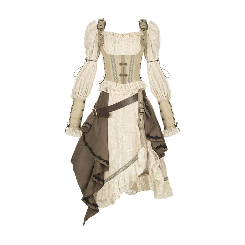 W stylu Vintage Steampunk Cosplay pirat dziewczyna Op szlachetna seksowna metalowa bluzka z guzikami falbana noga jagnięca miedziany guzik mankiety koronkowa Lolita Top + spódnica