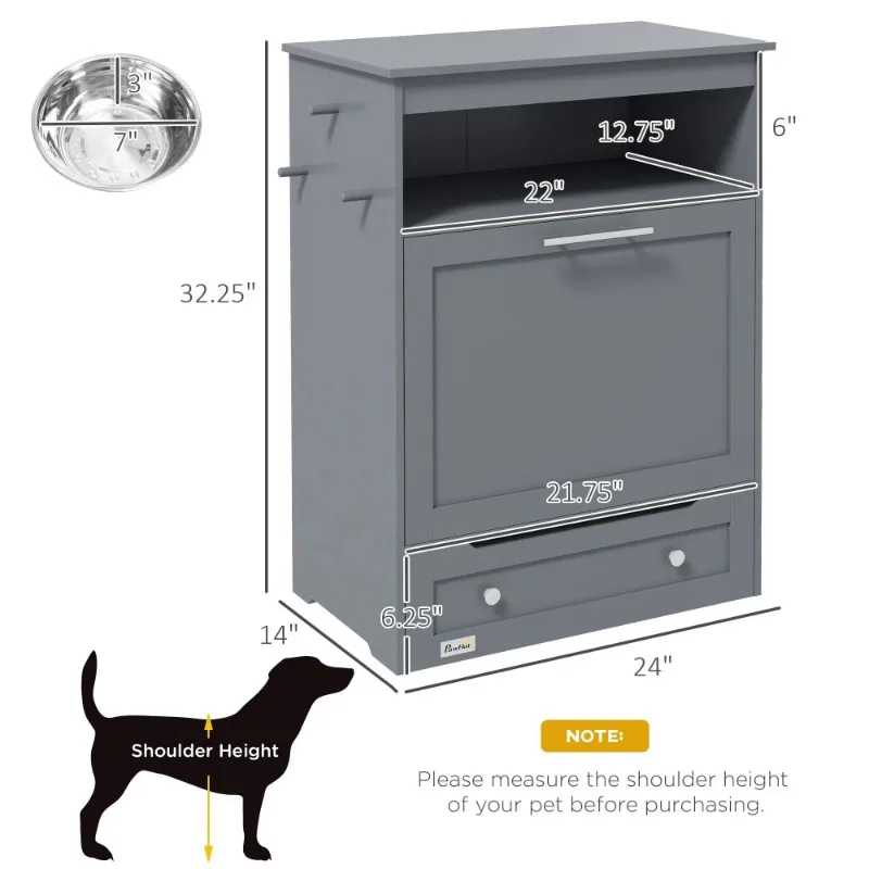 Gray Storage Cabinet Pet Feeder Station Dog Food Container with Elevated Dog Bowls and Watering Supplies
