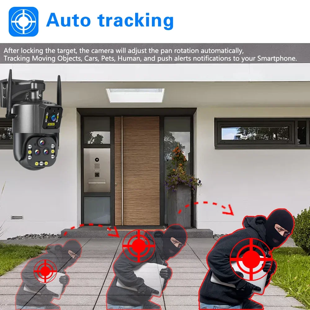 Cámara de videovigilancia inalámbrica para exteriores, videocámara IP PTZ con 4 lentes, Wifi, seguimiento automático, Zoom 4K 20X, CCTV, visión