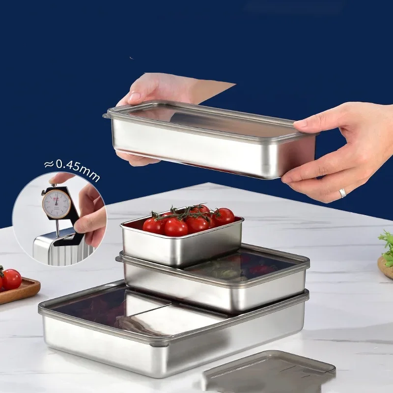 304 Stainless Steel Meat Fruit Fresh-keeping Box with Sealed Lid Fridge Organizer Food Storage Container Freezer Food Plates