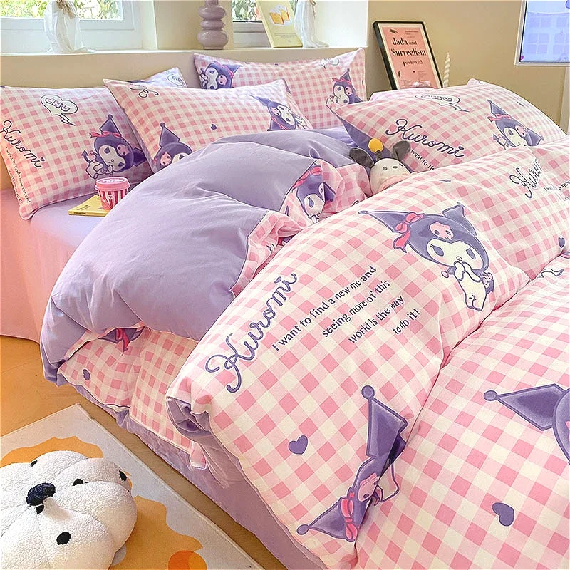 Kawaii Sanrio Quilt Four Piece Set Cartoon Character HelloKittys Cotton Quilt Set Anime Cute Melody Home Exquisite Knitted Quilt