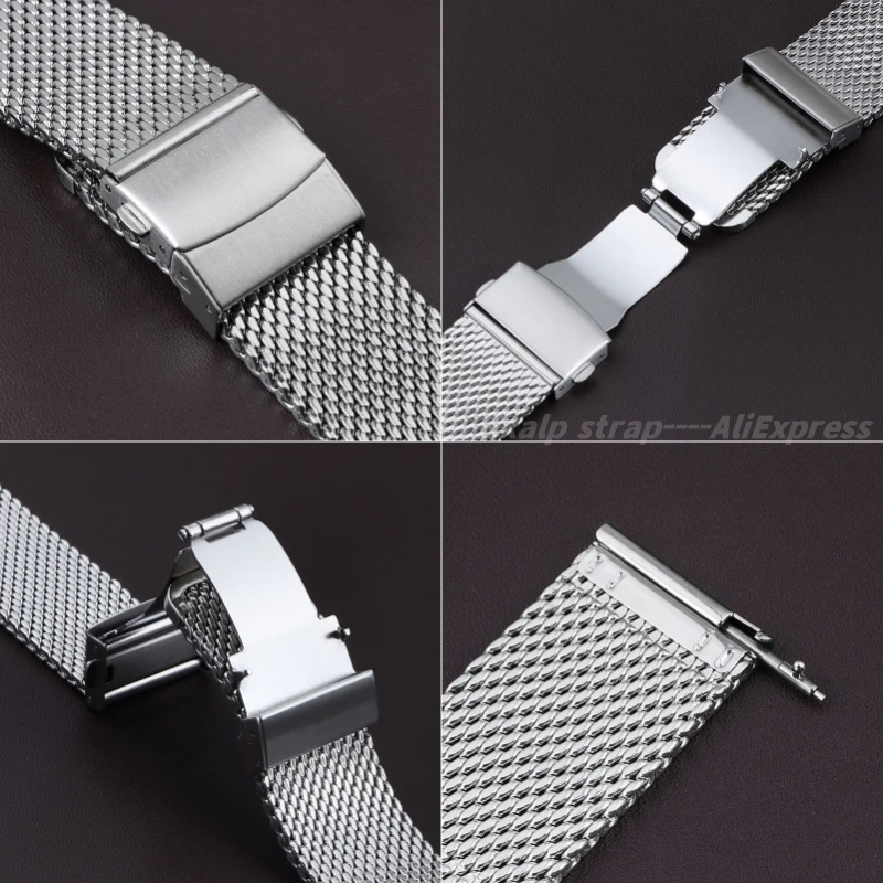 1.0 Milanese Mesh Loop 18mm 20mm 22mm Folding Buckle Watch Band Stainless Steel Strap 3mm Thickness Bracelet Quick Release