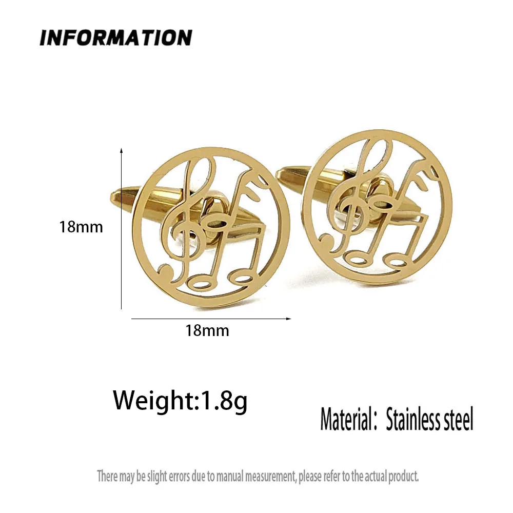 18K Gold Plated 316L Stainless Steel Music Note Cufflinks Treble Clef Round Shirt Cuff Buttons Mens Musician Suit Jewelry