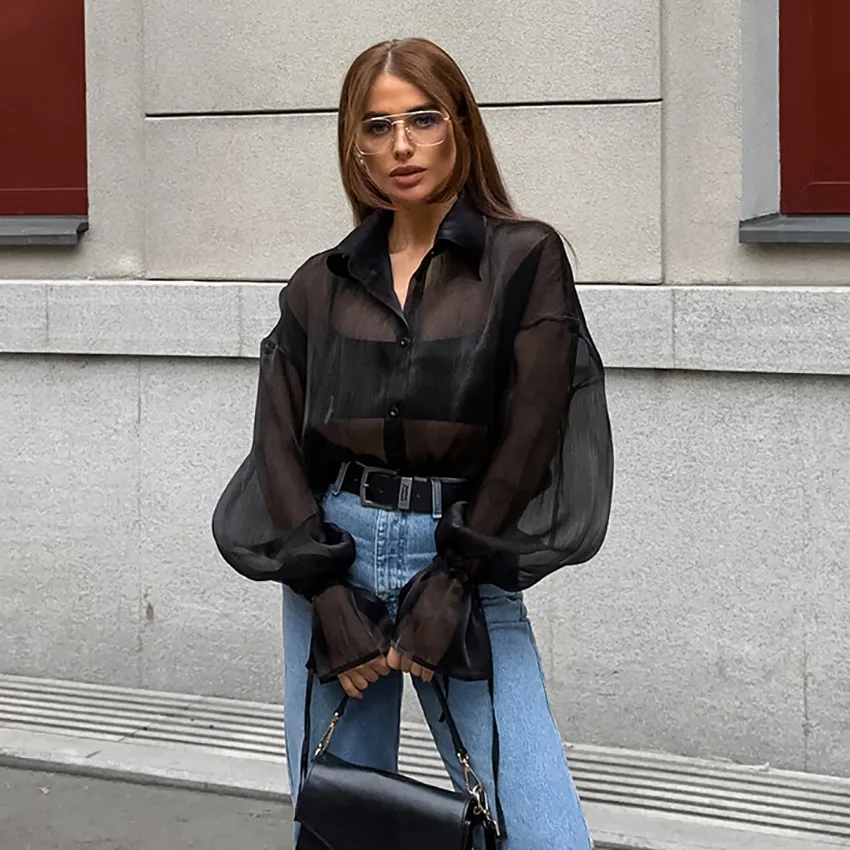 New Fashion See Through Blouses Women Streetwear Black Sexy mesh Blouse Shirt Chic Twomen Shirt Tops