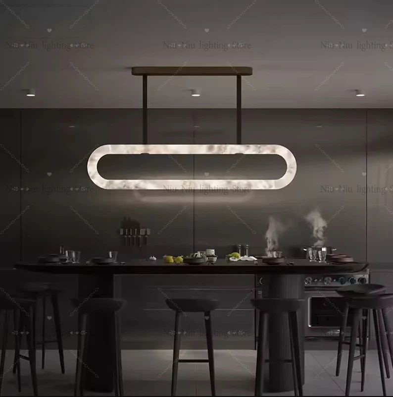 Alabaster Oval Chandelier with Leather Natural Marble Dining Table Pendant Light Long Ceiling Chandeliers for Dining Kitchen