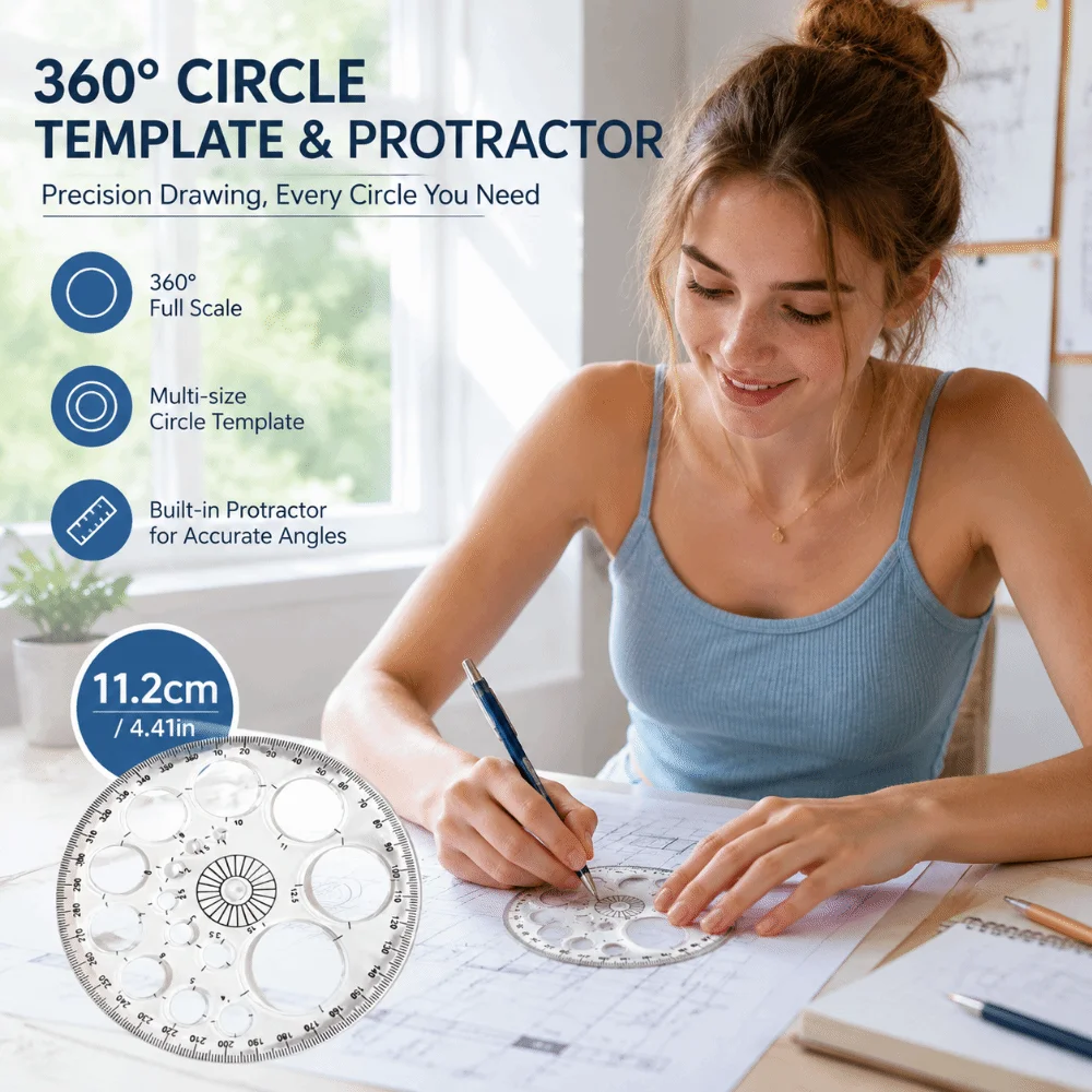 Circular Scale Plastic Ruler Template Measuring Circle Drawing Tool 360 Degree Protractor‌ Transparent Geometric Template Ruler