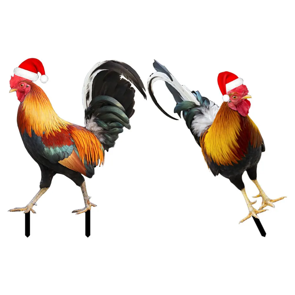 

2pcs Christmas Hat Chicken Decor Acrylic Stake Outdoor Yard Garden Ornament Lawn Art Sign Simulation Rooster Courtyard Insert