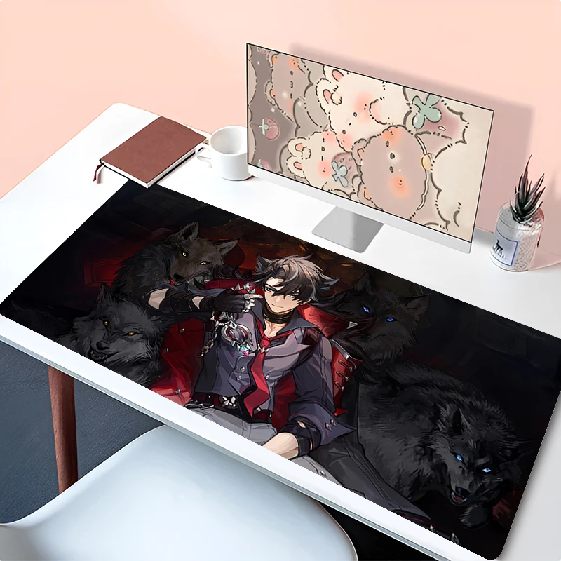 Genshin Impact Wriothesley Mouse Pad Laptop Anime Black Wolf Gaming Mousepad PC Gamer Cabinet Keyboard Rug Large Cool Desk Mat