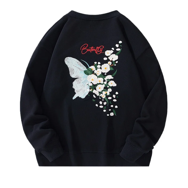 

Fashion Crewneck Sweatshirt Men Butterfly Embroidery Hoodies Women Flower Graphic Harajuku Hoodies High Street Youth Streetwear