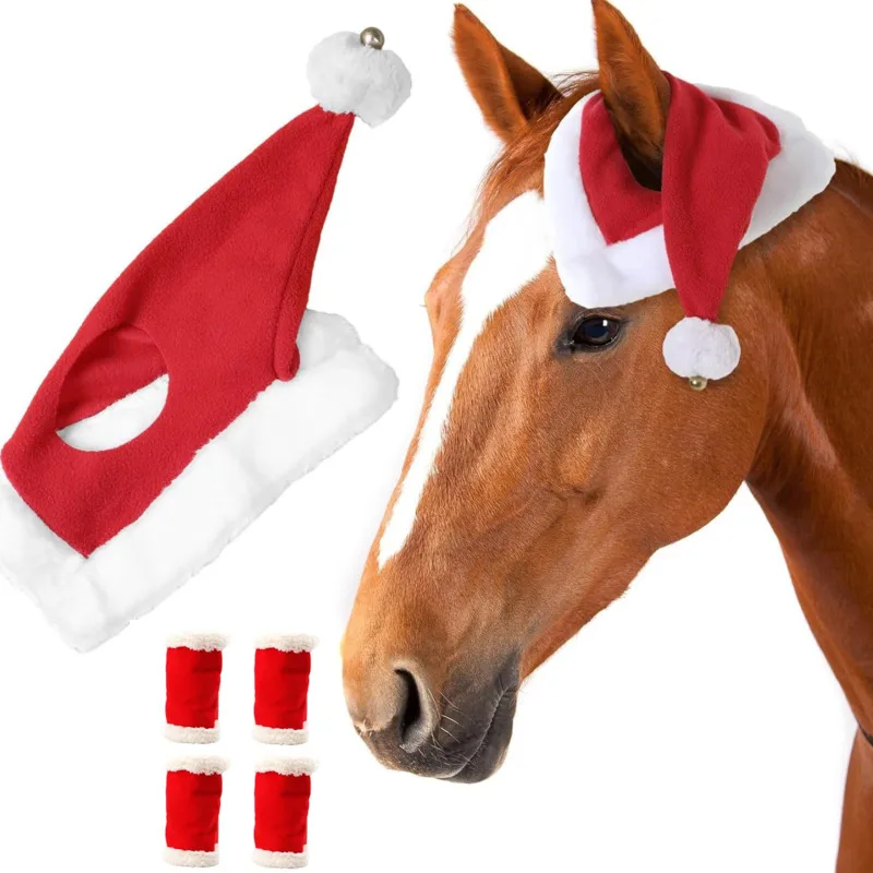 Christmas Hat Sock Set Pet Horse Leg Warmers Horse Hat Saddle Standing Wrap Horse Legs Loose Comfortable Polyester Red Suit New