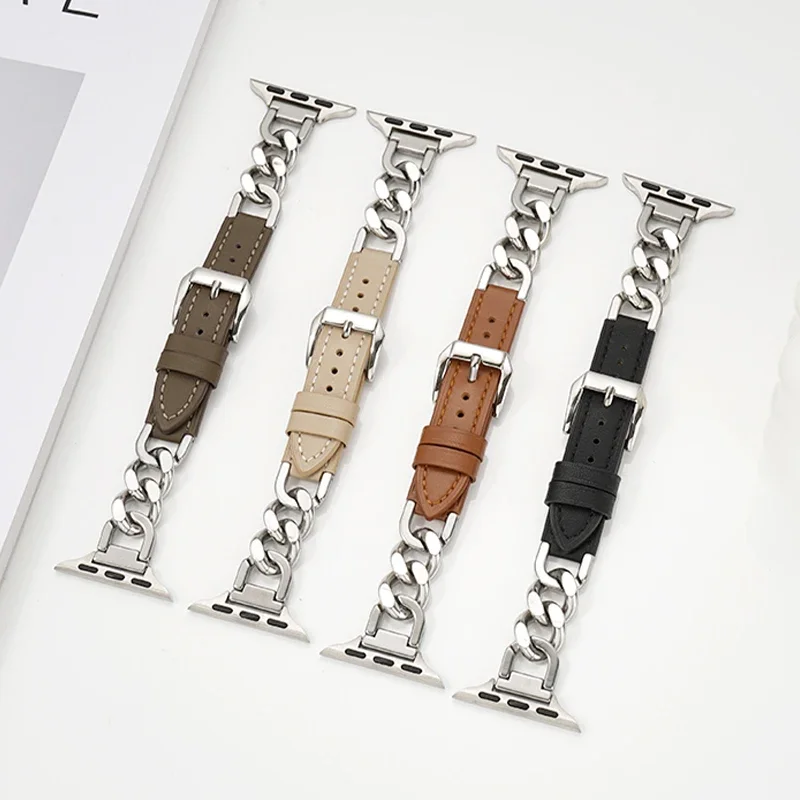 ファッションメタルブレスレットレザーストラップ Apple Watch ウルトラ 44 ミリメートル 45 ミリメートル狭い 14 ミリメートルチェーンデザイン女性バンド iWatch 9 8 7 6