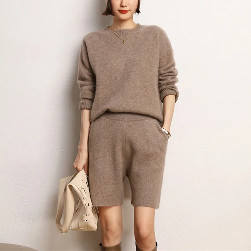 High Quality Fashion Suit Spring Autumn 100% Cashmere Knitted Thicken Sweater Women\'s Sweater And Short Pants Two-Piece Female