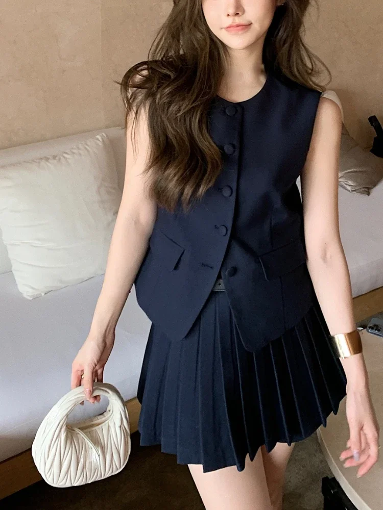 Pure Color Office Lady 2 pezzi Dress Set donna senza maniche Casual Y2k Crop top + Mini Skrits 2023 Summer coreano Fashion Suits