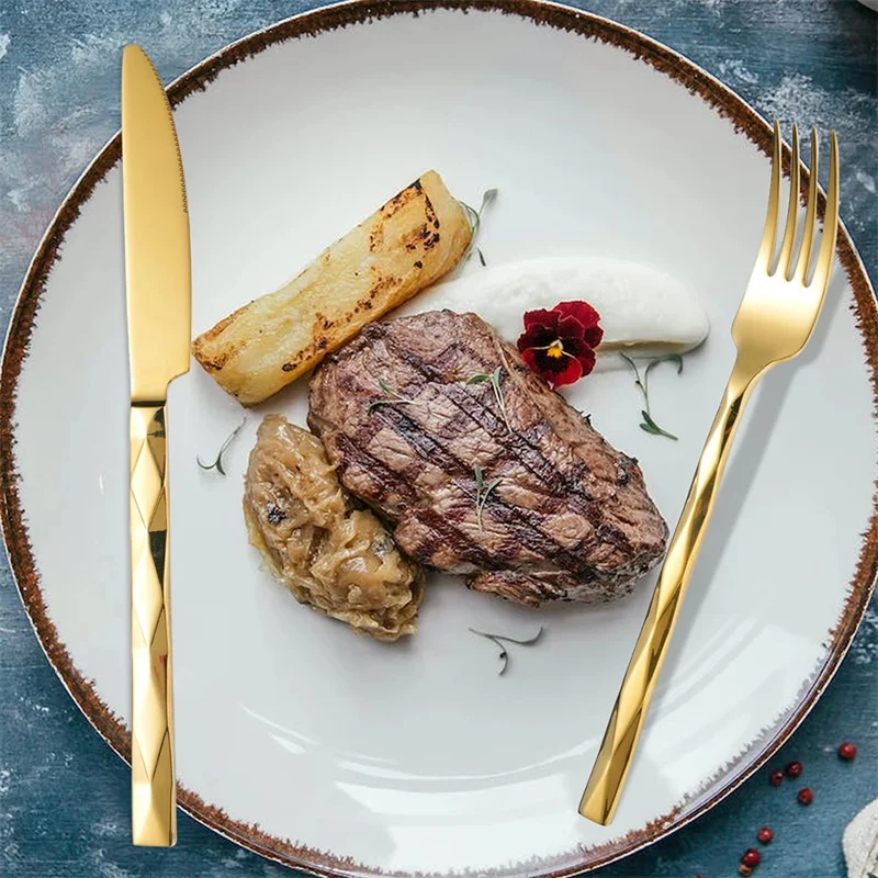 Forged Thickened 304 Stainless Steel Dining Set Diamond Handle Hotel Restaurant Steak Knife Fork Spoon Set Home Kitchen Utensils