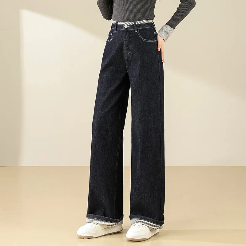 

Новые осенние облегающие широкие брюки для женщин, джинсовые прямые джинсы в синюю полоску с манжетами