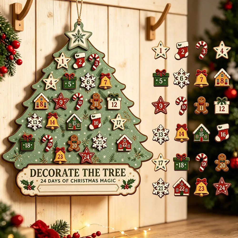 Christmas Tree shaped Arrival Calendar Wooden Pendant 24 Day Christmas Magic Countdown Pendant Ornament