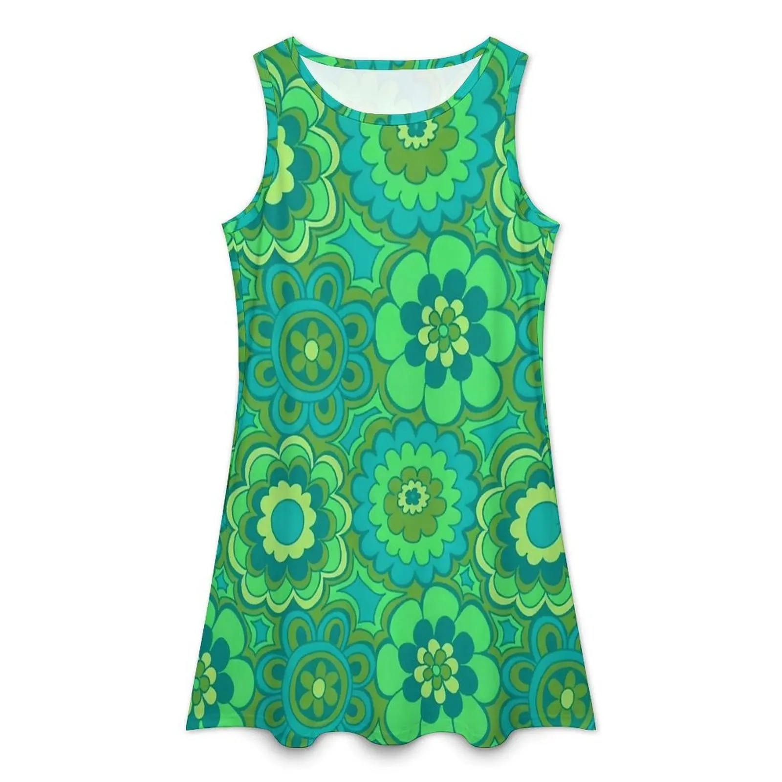 Layered Green 70s Flower Pattern Dress  Cute Dresses Womens Sleeveless Korean Fashion Casual Dress Date Print Oversized Vestidos