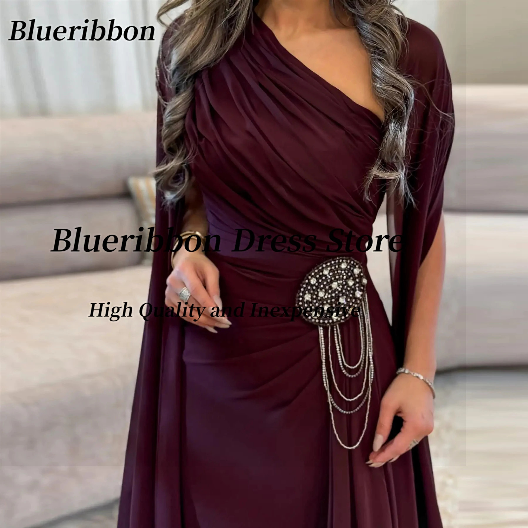 Blueribbon Vestidos de baile sauditas com decote em V فسات İات Gia3). Vestido de noite de chiffon franzido com miçangas personalizado