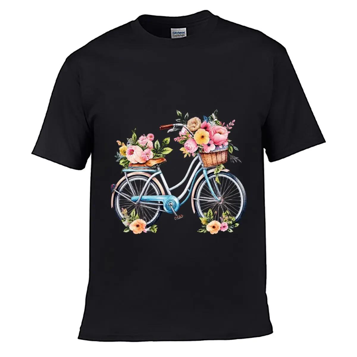 Watercolor Vintage Bicycle With Floral Basket Spring Garden Solid Washed Vintage Tee Distressed Loose