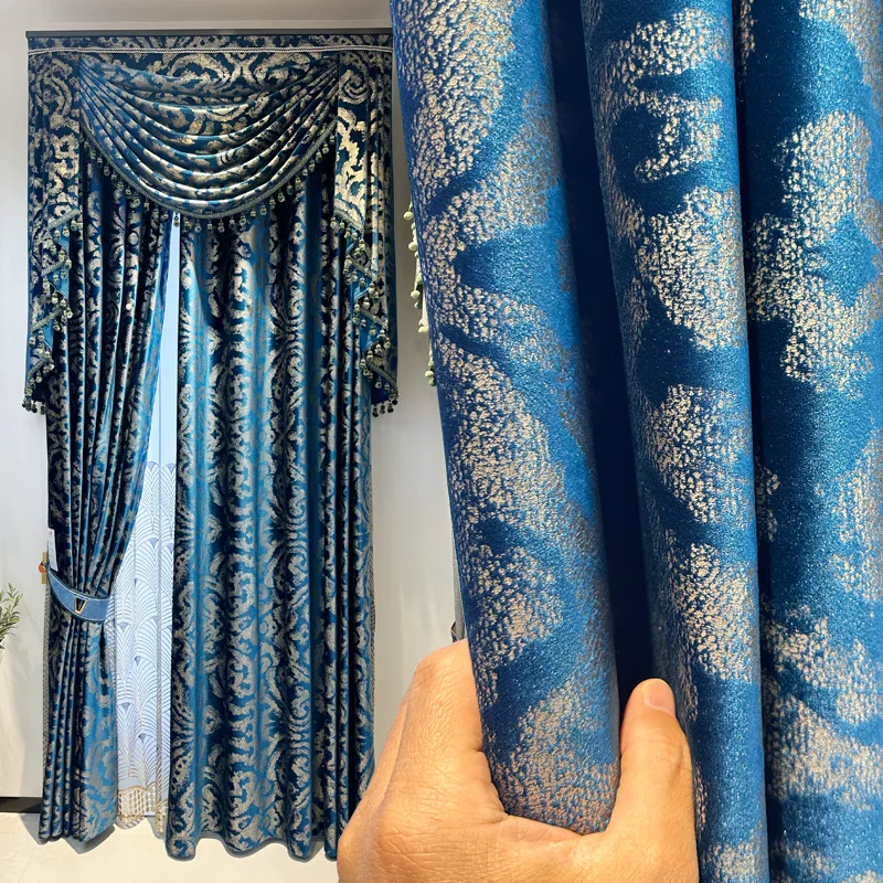 Custom Classic modern French vintage bronzed velvet living room blue cloth blackout curtain tulle valance drape C2065