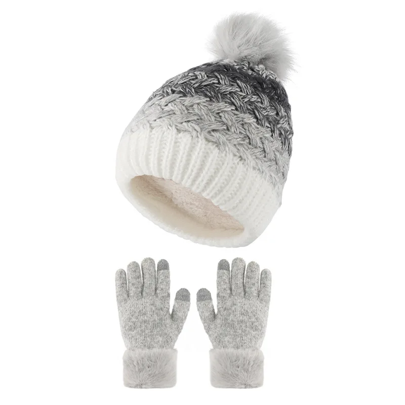 الشتاء الأطفال لطيف وحلو محبوك كرة صوف اللون التدرج المخملية السفر في الهواء الطلق قبعة تدفئة قفازات قطعتين مجموعة قبعة #5