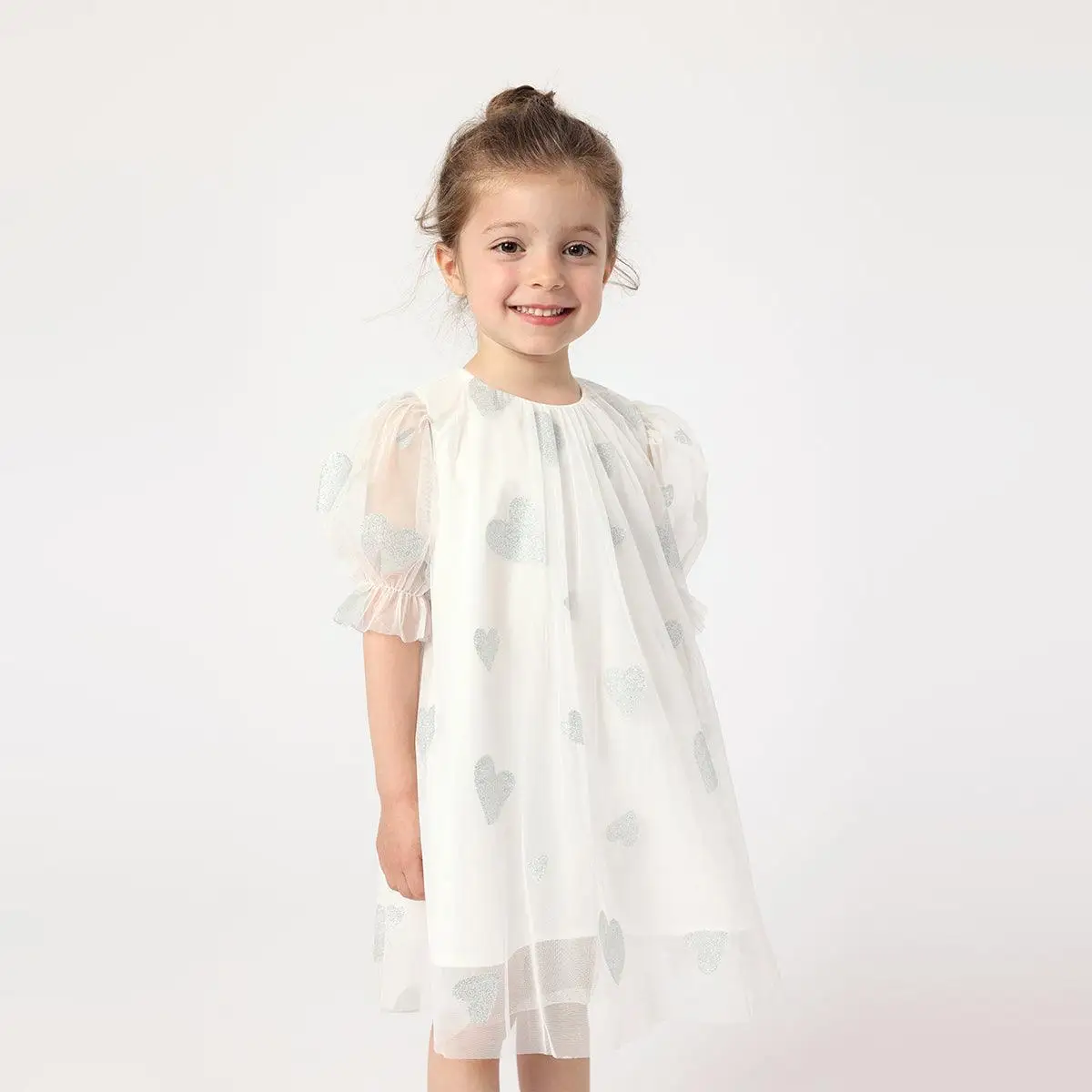 MARC&JANIE Girls Summer Full Bottom Love Puff Sleeve Mesh Dresses 230981