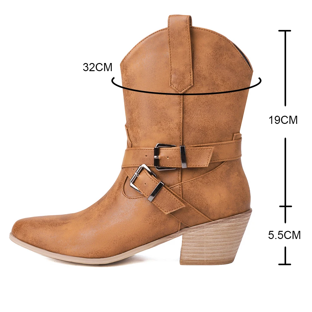 Plus Size 43 Ladies cowboy boots Chunky High Heels Pointed Toe Buckle Ankle Boots Women cossacks botas Autumn Winter Woman shoes